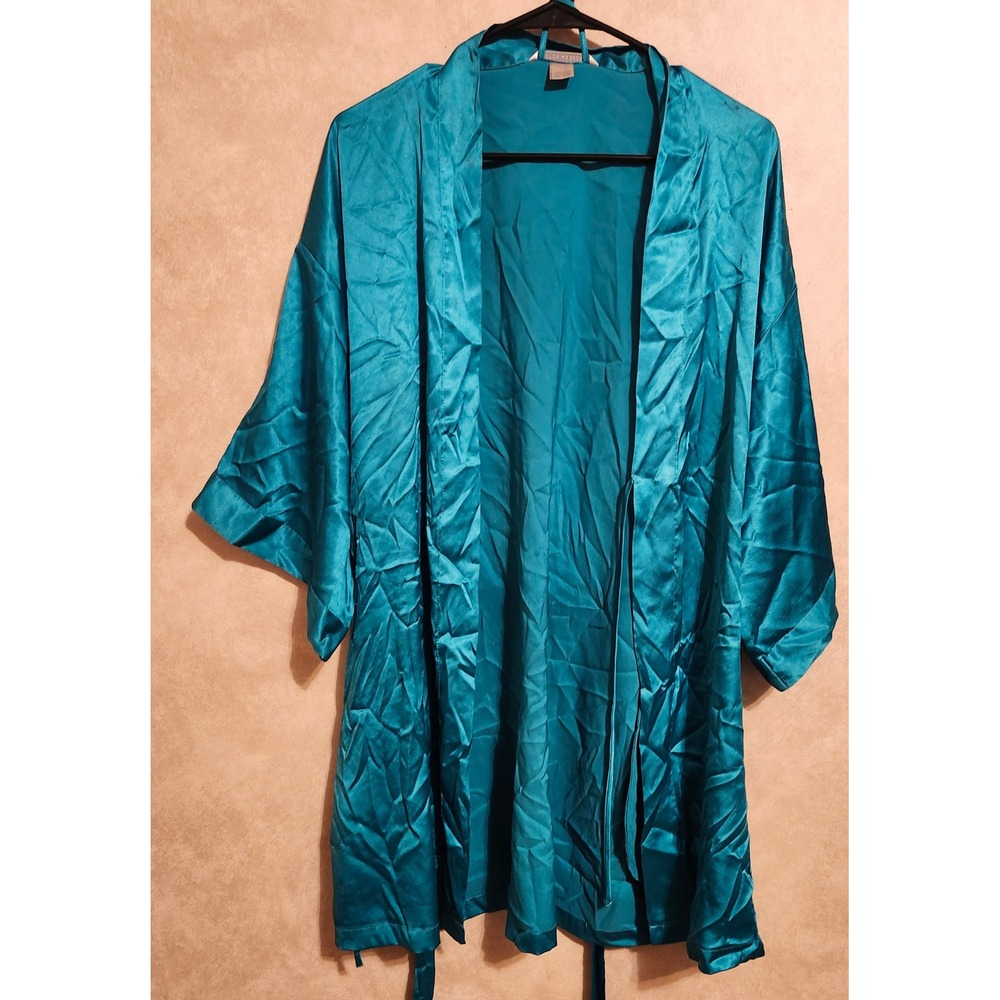VTG Victoria's Secret Teal Blue Satin Kimono Robe S/M Short Lingerie Sleepwear